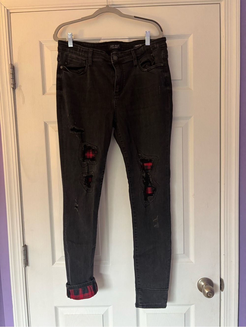 Judy Blue Black Skinny Jeans with Red Plaid Inset